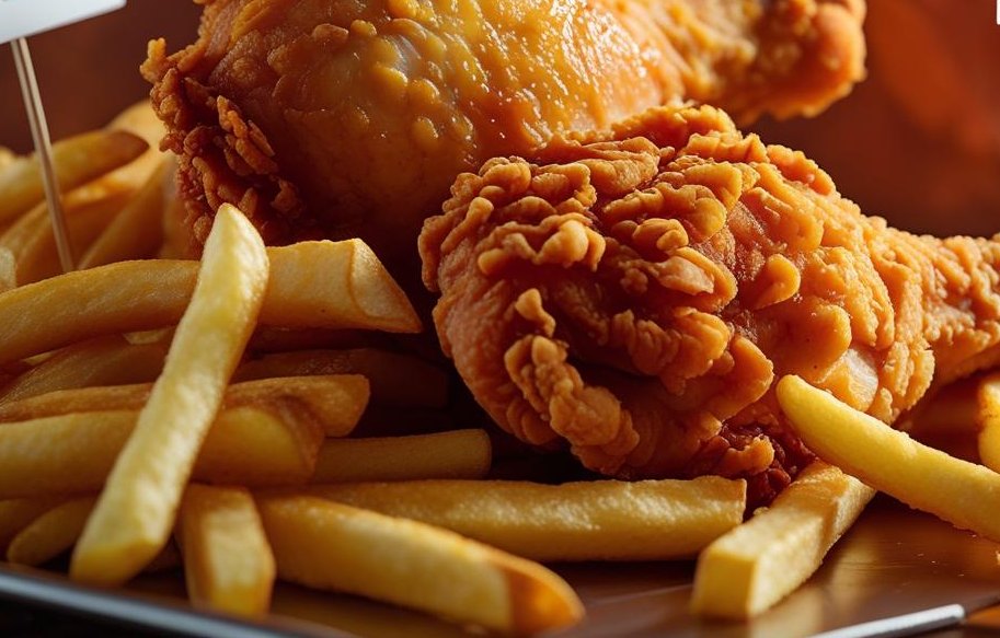 Two pieces of fried chicken on a bed of chips